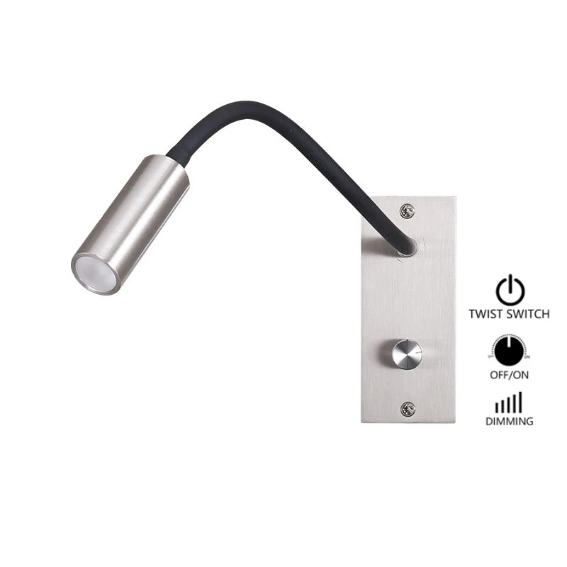 Tokili Dimmable Recessed LED Wall Sconce - 3W Bedside Reading Light with Ambient Decor, AC100-240V, Nickel Finish, Twsit Dimmer