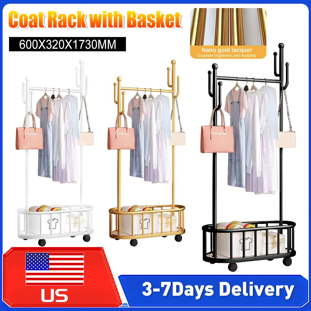 

Передвижная вешалка для одежды на колесиках с корзиной, напольная стойка для демонстрации пальто, рубашек, юбок в спальне