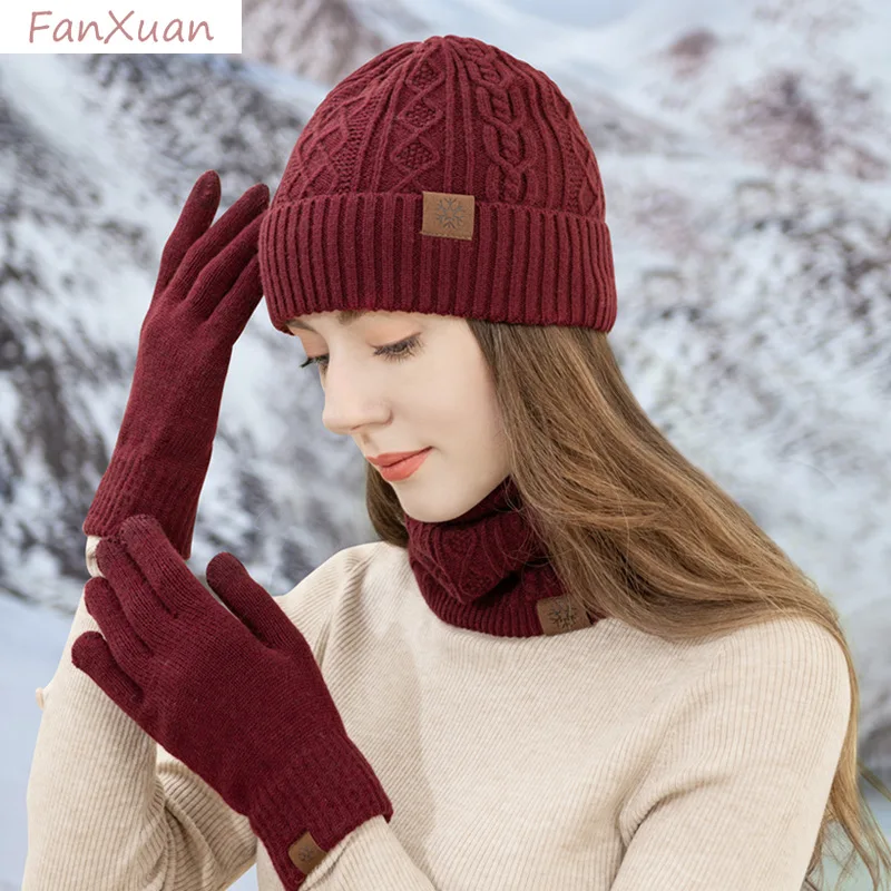Ensemble de 3 pièces pour hommes et femmes, bonnets d'hiver, gants, Snood, foulards courts doublés en polaire, chapeaux tricotés, couleur unie