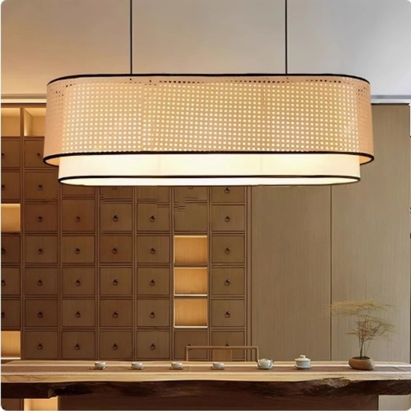 Japanese Wabi-Sabi Style Living Room/Villa Rattan Weaving LED Pendant Light Vintage Rectangle Designer Ornament Suspension Lamps