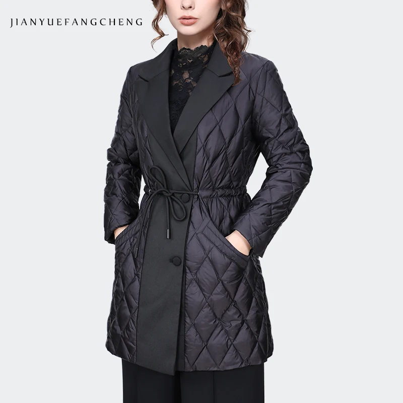 Fashion Lapel Collar Women Winter Down Jacket Mid-length Trench Coat Warm Thickened White Duck Down Padded Puffer Coat Parkas 