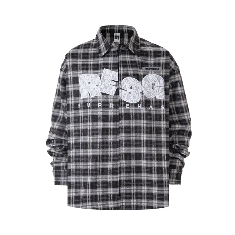 Unisex Plaid Zipper Shirt Mesh Patch Embroidery Long Sleeve V-shape Shirt Men Women Leather Label Shirt Streetwear Blouse Tops