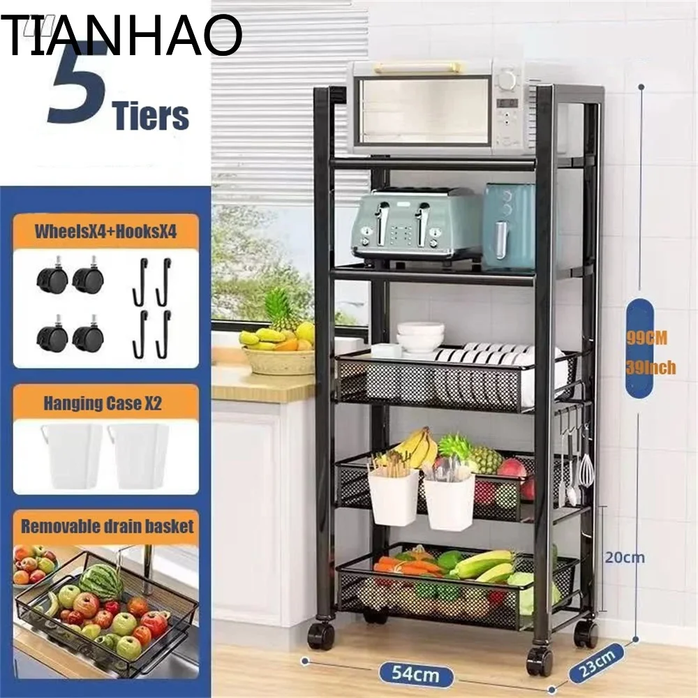 Fruit Vegetable Storage Trolley Shelve Organizer Stand 5 Tier Cart Snack Rack Kitchen Rack With Wheels