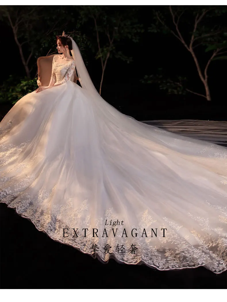 كم طويل س الرقبة فستان الزفاف الفاخرة مثير سوبر الجنية مزاجه الكرة ثوب العروس فستان الغزل السماء المرصعة بالنجوم تنورة ذيل طويل #6