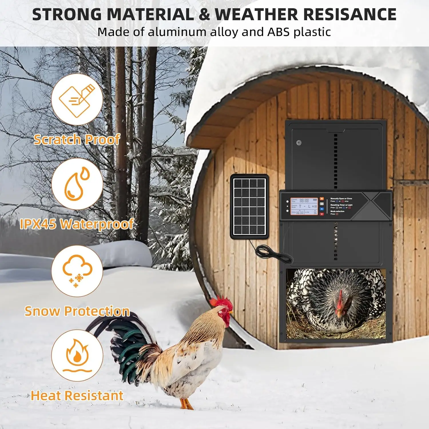 自動鶏小屋ドア太陽光発電、2000 mAh LCD ディスプレイ自動鶏ドアタイマー & 光センサー付き、アルミニウム合金