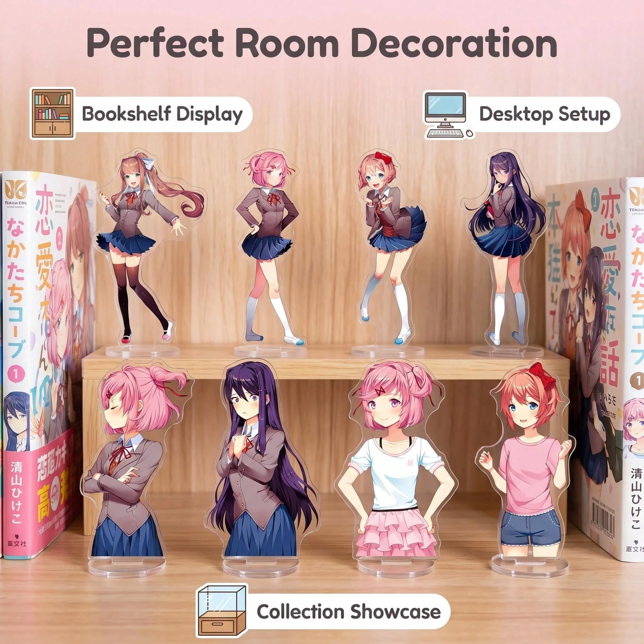 Heartbeat Literature Club Acrylic Stand Figure 12cm, Cute Anime Girl Figurine, Visual Novel Game Merchandise, Kawaii Desktop Decoration, School Uniform Character Stand Figure, Room Home Bedroom Bookshelf Display Ornament, Back-To-School Season Collectible, Gift for Anime Fans