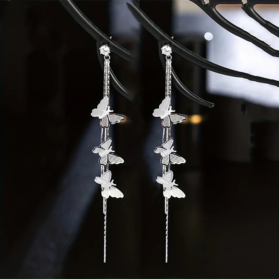 1-Pair Elegant Butterfly Tassel Inlaid Zircon Earrings for Women, Fashionable and High End
