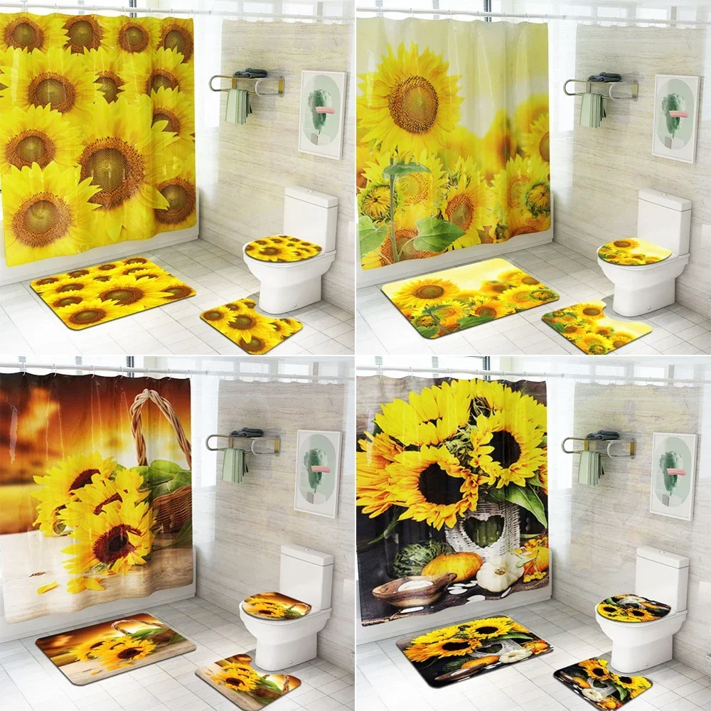 Volledig Scherm Van Zonnebloemen Patroon Douchegordijnen Set Antislip Wc Polyester Cover Mat Waterdicht Badkamergordijn