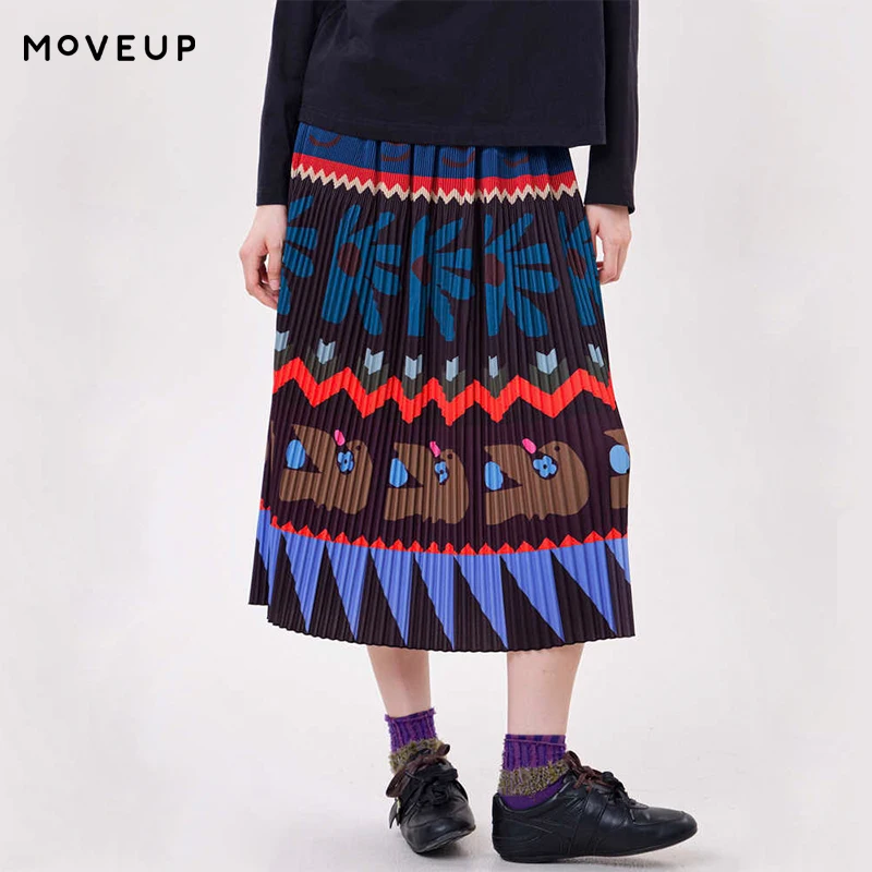 MOVEUP Women's Midi Pleated Skirt 2026 Winter Vintage Cartoon Print Thin Skirts Elastic Waist A-line Casual Half Skirt 3ELD10603