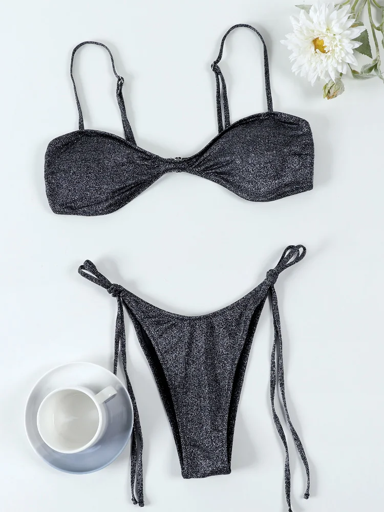 

Miyouj New Two Piece Suit Solid Color Swimwear Shiny Swimsuit Women's Sexy Bikini Sets Push Up Beachwear Bandage Bathing Suits
