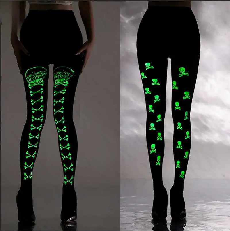 

Halloween Luminous Tights Women Skull Black Socks Woman Personality Glowing Sexy Medias Internet Club Stockings Women Lingerie.