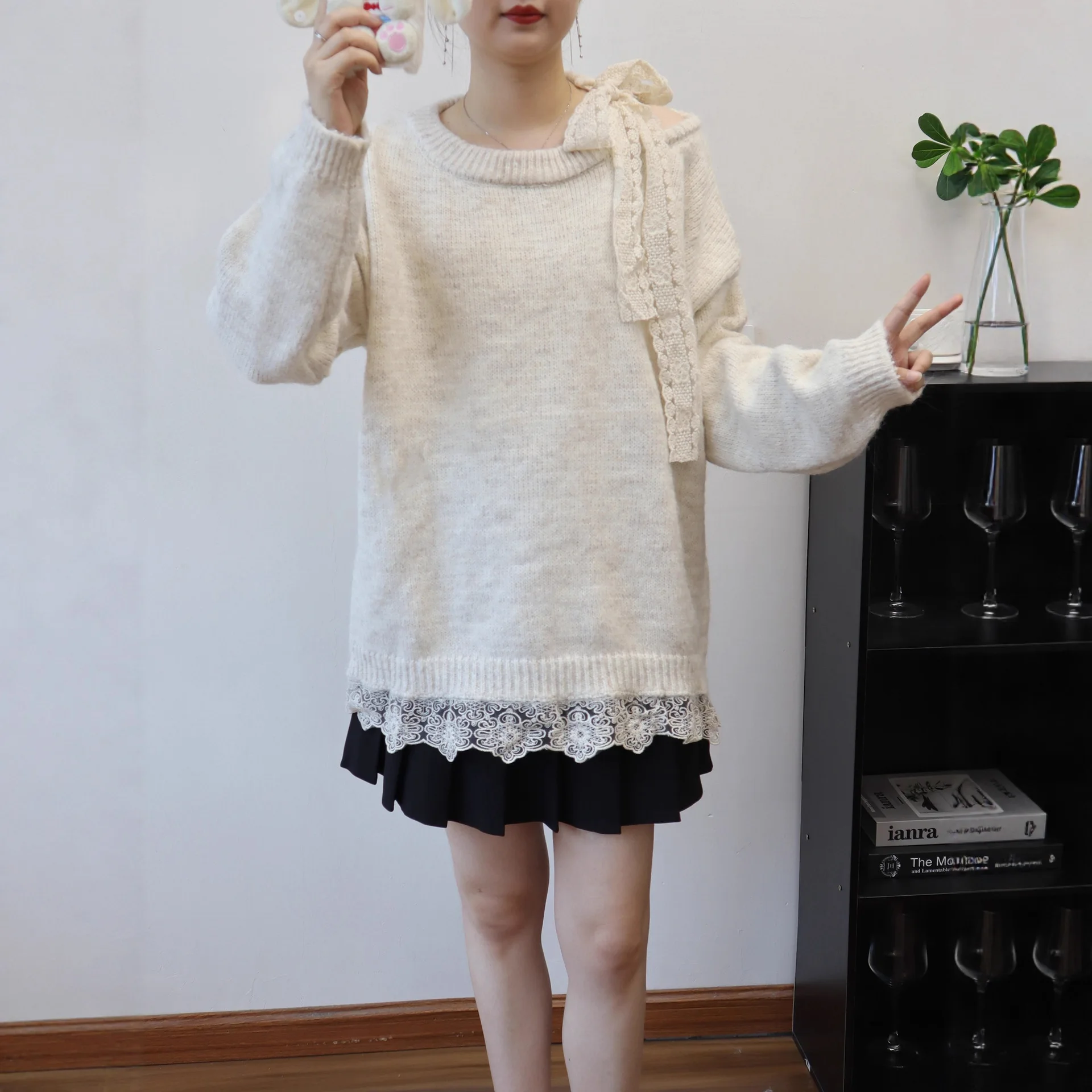 Sweater Long Sleeve Knit Irregular Pullovers Vintage Loose Round Neck Bow Thick Jumpers Elegant Off Shoulder Autumn Winter