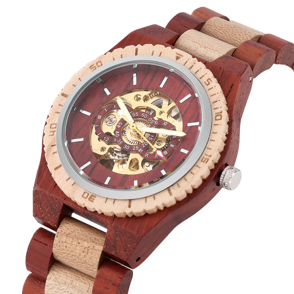Retro Stylish Full Wooden Men's Automatic Mechanical Wristwatch Folding Clasp Wood Bracelet Watchband Casual Male Watches Gift