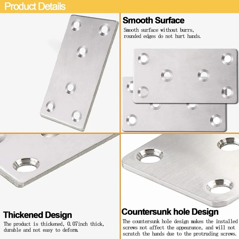 20 PCS Flat Mending Plates Flat Bracket Silver Stainless Steel Mending Joining Plates Repair Fixing Bracket For Fence
