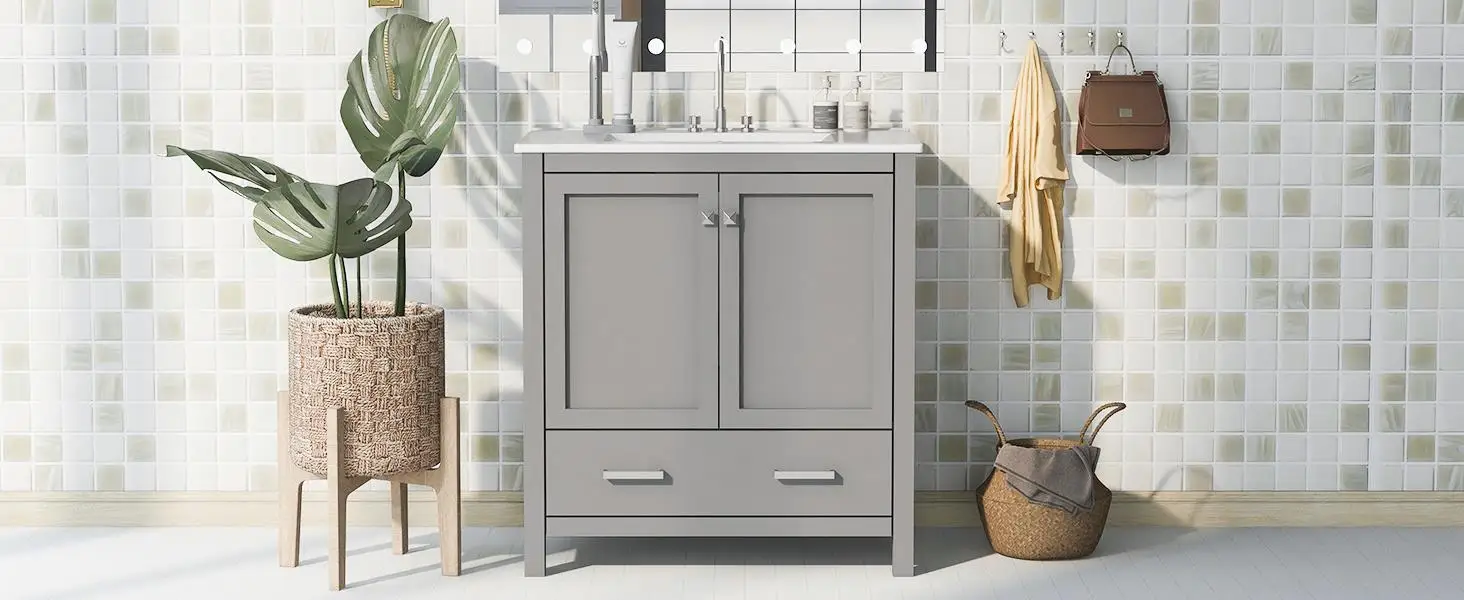 30 Gray Bathroom Vanity with Undermount Sink, Soft Close Drawers, Solid Wood Frame & 2-Door Storage Cabinet