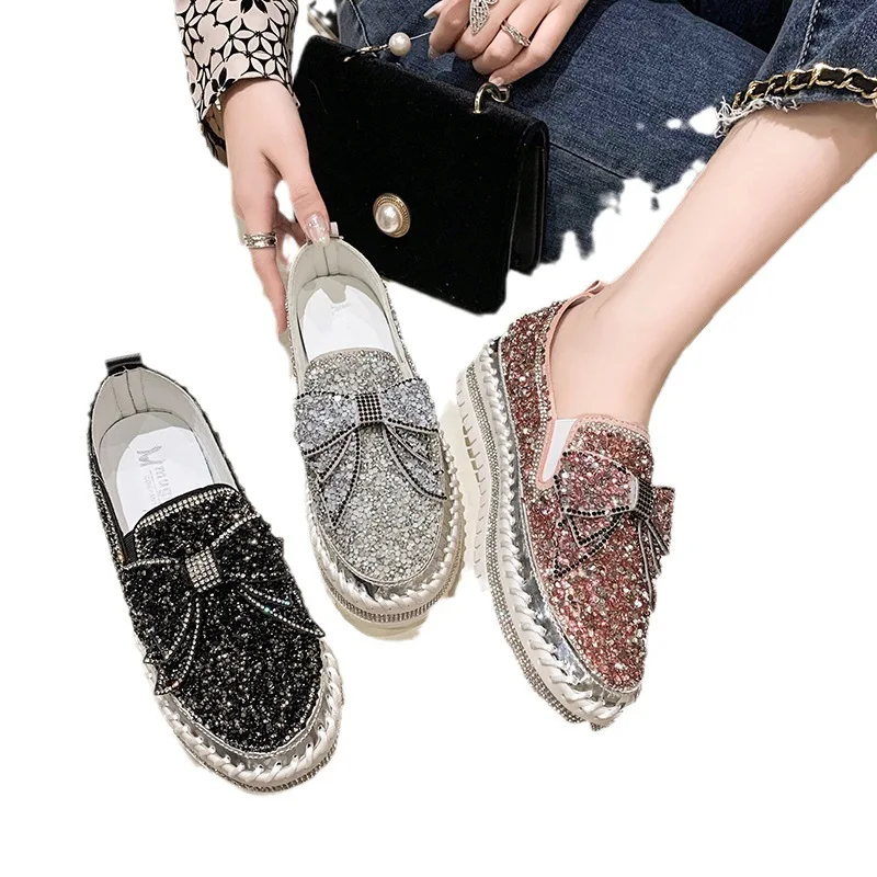 New Women Shining Rhinestone Loafers Bowknot Slip-on Thick Botton Casual Ladies Crystal Shoes Female Platform Sneakers Sports