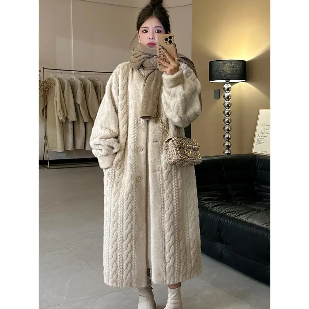 Women Fur Cardigan Thickened Long 2025 Autumn Winter V-neck Thin Jacket Female Loose Simple Leisure With Buttons Casual Fur Coat