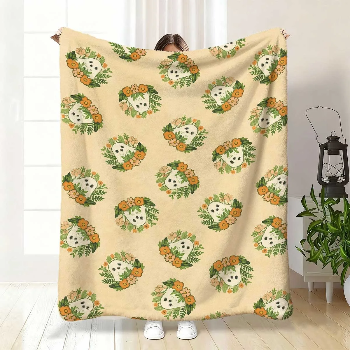 1pc Soft Flannel Cozy Blanket Suitable for Bed, Sofa & Camping - Cute Ghosts, Pumpkins & Bats Beige & Orange Bedspread, Ultrasound-Pressed Spooky Bedspread for &, - Cozy Throw Gift