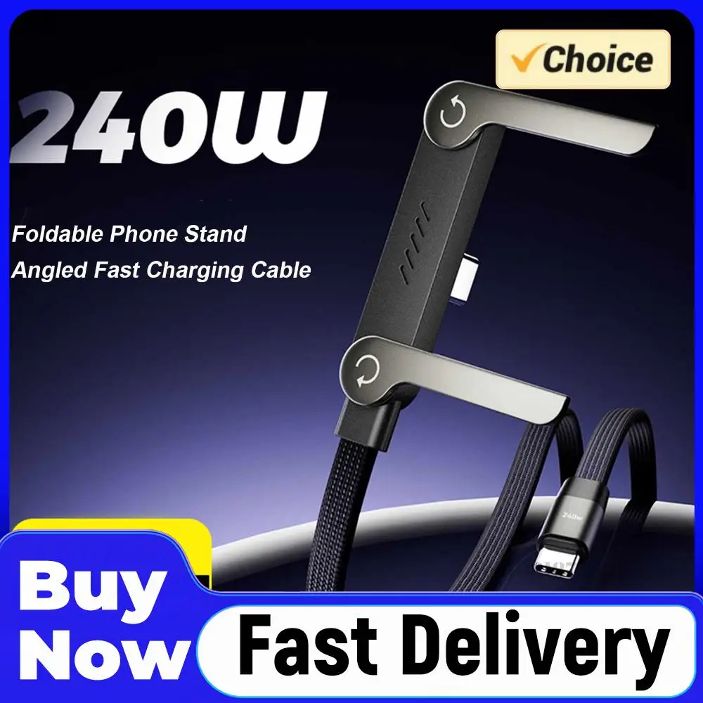 240W geflochtenes T-förmiges USB-C-auf-USB-C-Ladekabel mit integriertem, faltbarem Telefonständer, schnelles Ladekabel mit Halterung für Telefon/Tablet