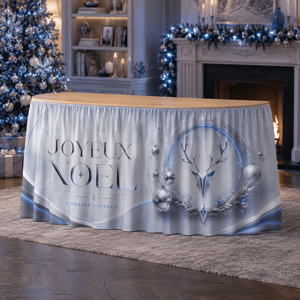 Tablecloth 1 piece. Festive and elegant winter minimalist silver-blue technology table cover for Christmas decorations.xzj