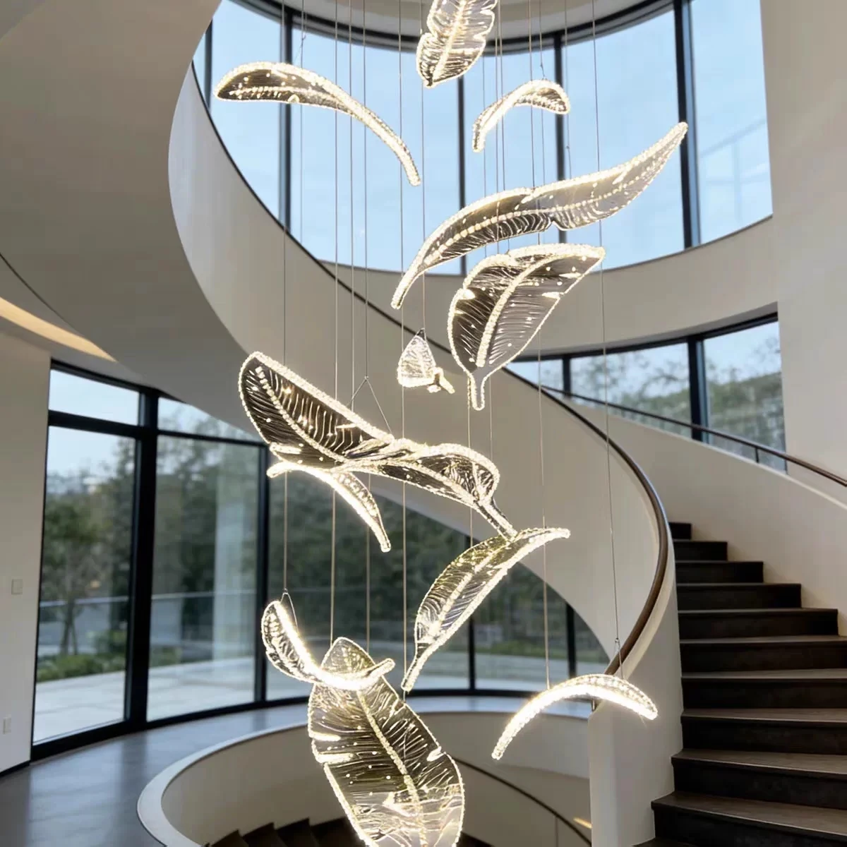 Postmodern Luxurious Crystal Chandelier Lighting LED Leaf Hanging Lamp Living Room Villa Duplex Building Interior Lighting