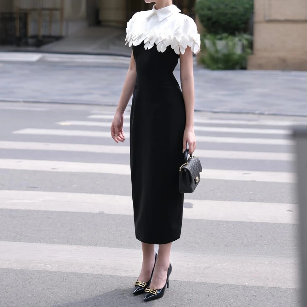 

Women's Straight Evening Dresses Tea-length High-neck Sleeveless Prom Gown Simple Fashion Flowers Stole Casual Customized Gowns