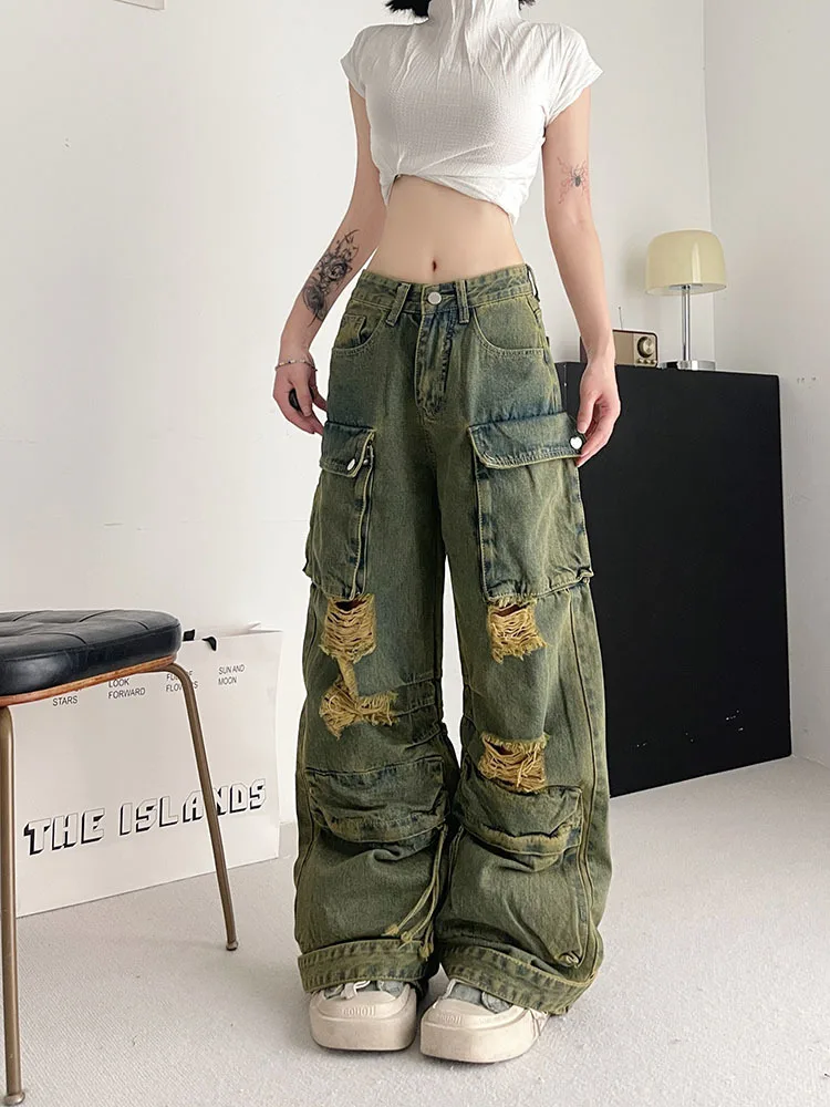 

Women Blue Y2k Cargo Jeans Harajuku Ripped Denim Trousers Streetwear Oversize Jean Pants Vintage Aesthetic 2000s Trashy Clothes