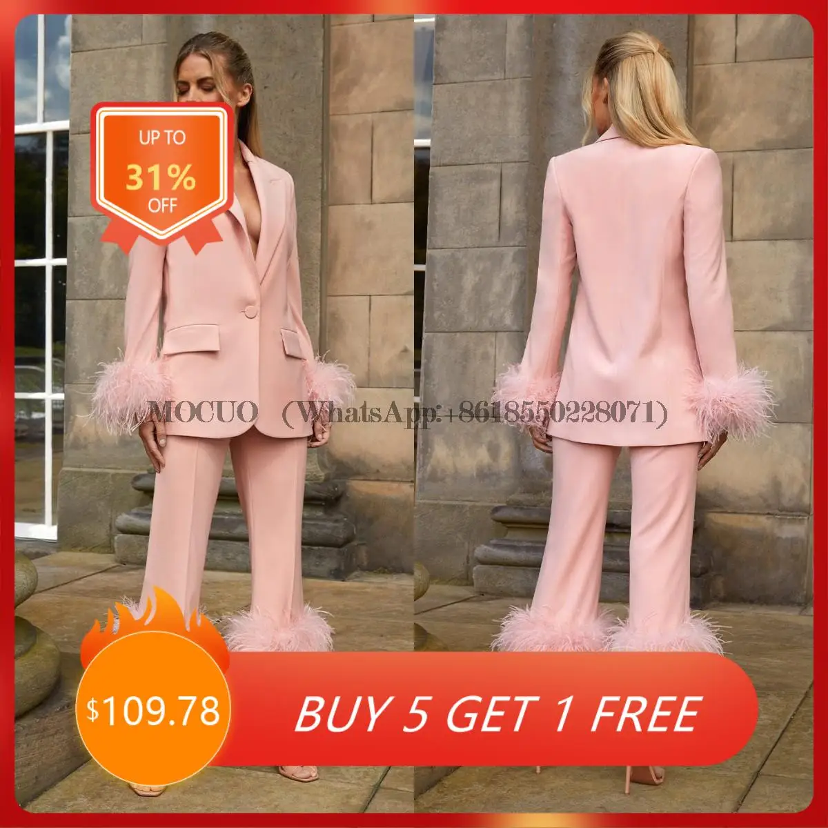 

Dusty Pink Bridesmaid Dresses for Women 2 Pieces Blazer Suits with Feathers Jacket Pants Casual Office Daily Suit