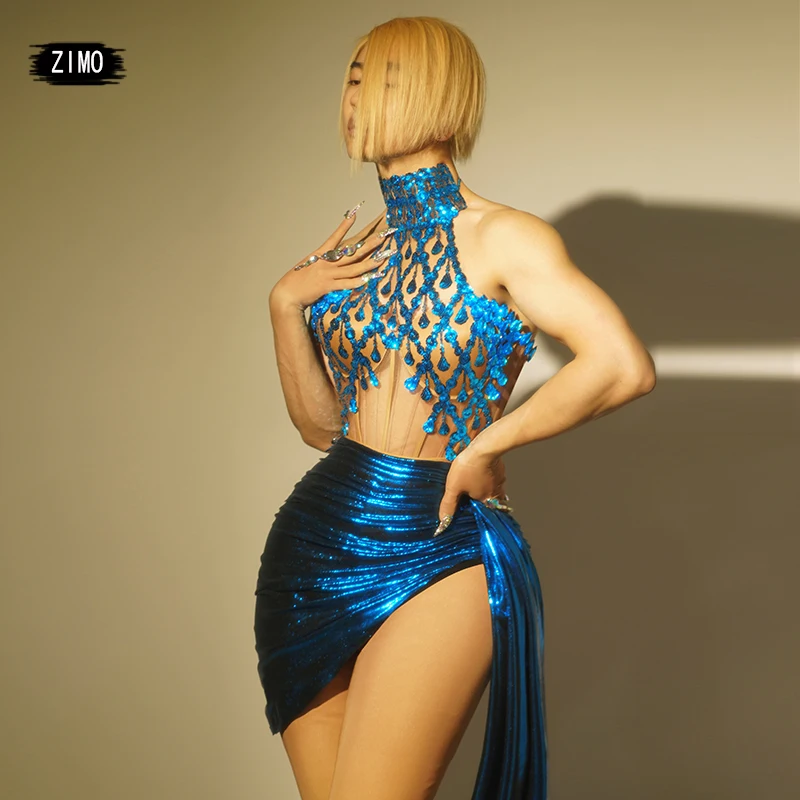 Vestido de lentejuelas con diamantes de imitación azules para mujer, traje Sexy con espalda descubierta para fiesta, Club, cumpleaños, boda, Pole Dance, actuación en escenario, personalizado, nuevo