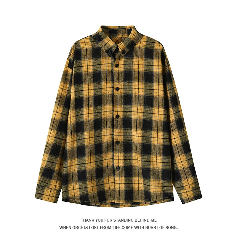 

Мужская клетчатая рубашка свободного кроя с длинным рукавом, в стиле ретро, с отложным воротником, в стиле колор-блок, модная, для весны и осени, повседневная, для поездок на работу