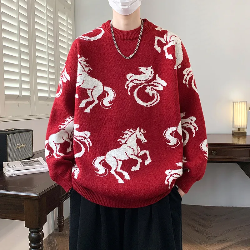 

Новый мужской вязаный свитер 2025 года: зимняя одежда для пар, красный трикотаж для подростков и взрослых, мягкий, теплый, прямого кроя