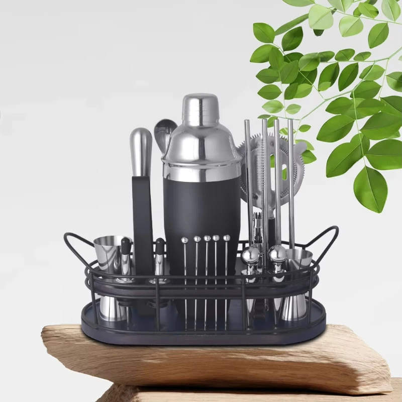 

Eco-friendly modern bartender set, stainless steel cocktail shaker bar tool set bamboo stand