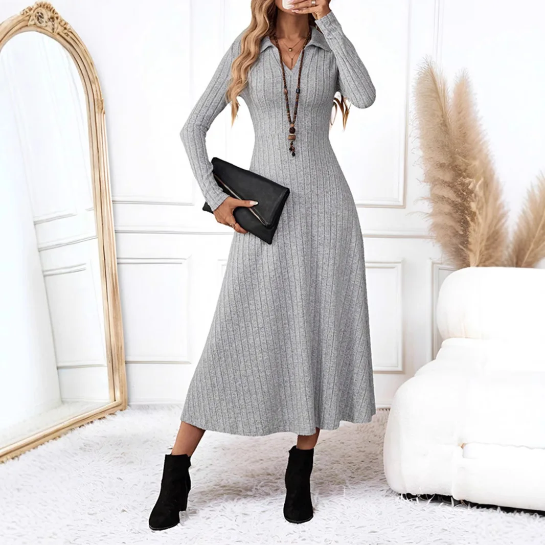 Moda de inverno vestido estético feminino com decote em v silm fit vestidos de manga comprida vestido longo cinza sólido camisa de festa elegante roupas y2k