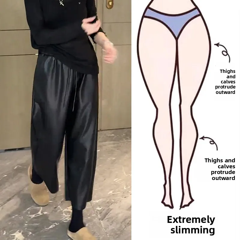 

Черные кожаные брюки-палаццо для женщин, повседневные, с высокой талией, прямые, с карманами, осенне-весенние, больших размеров, укороченные, стройнящие