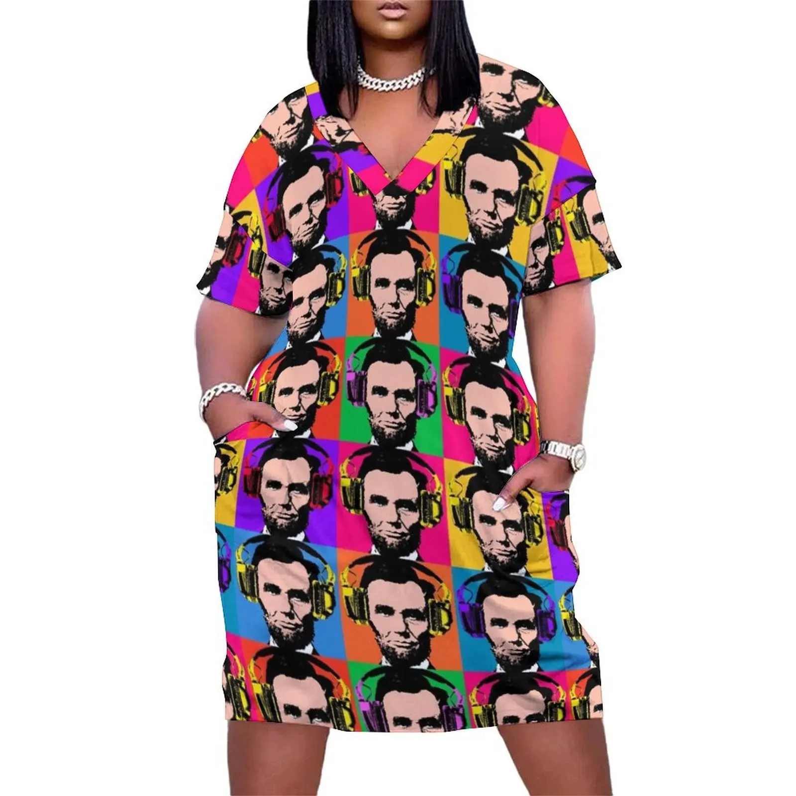 Abraham Lincoln with headphones pop art Loose Pocket Dress Woman's evening dress elegant dresses for women