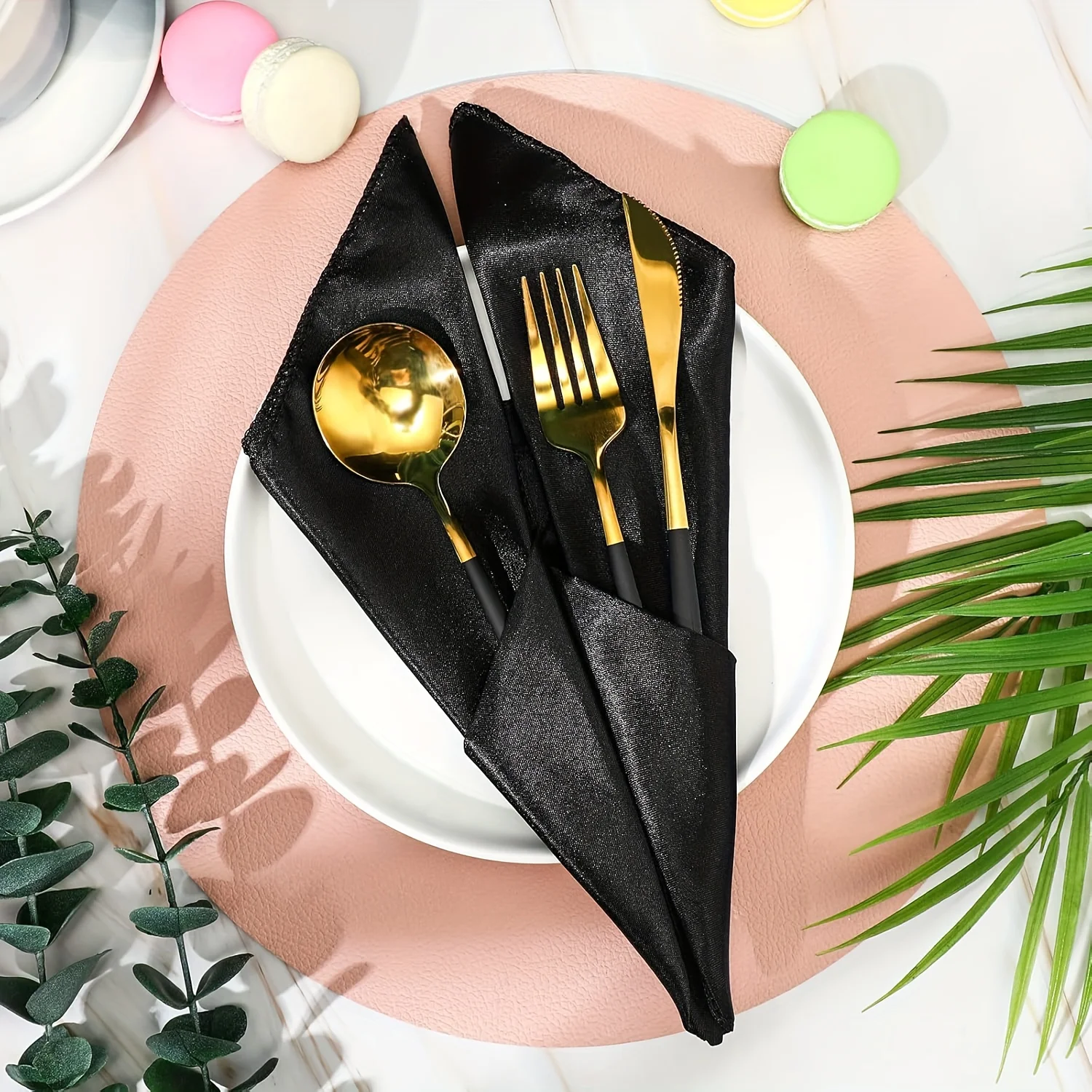 VIKAMA Black Satin Cloth Napkins 25pcs Soft Washable Shiny Square Dinner Napkins for Wedding Party Dinner Table Decor