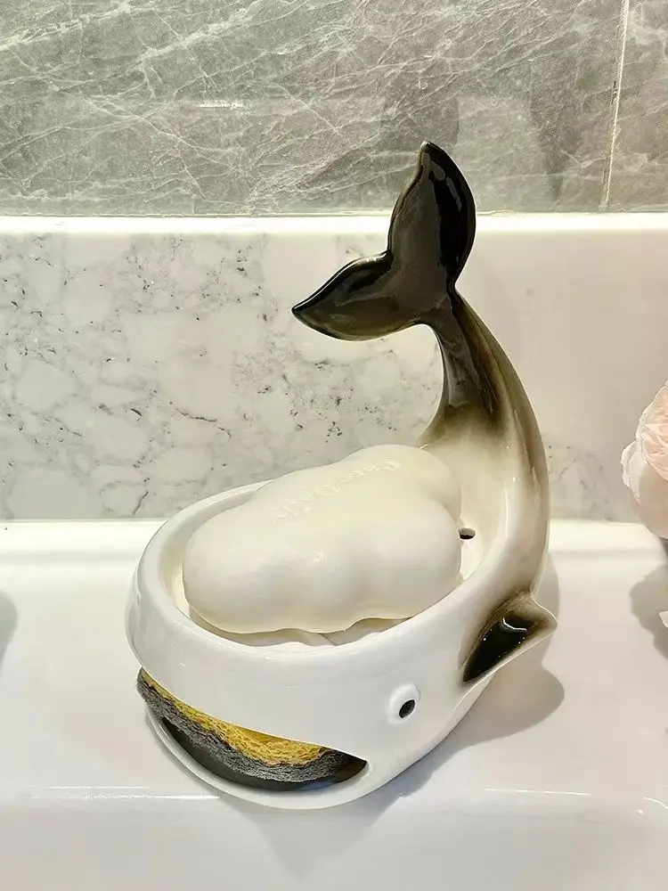 Ceramic Whale Drain Soap Box Modern Household Bathroom Simple Creative Arts Storage Tray Hotel Bathroom Advanced Sense Soap Rack