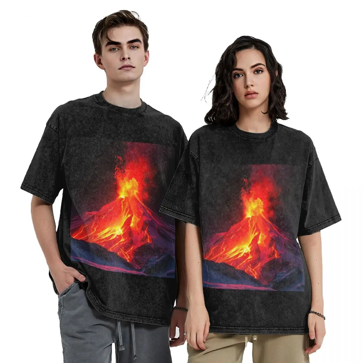 Volcano In The Snow Hip Hop Short Sleeve T-Shirts Washed Tops Tees Streetwear T Shirt Oversized for Men Women