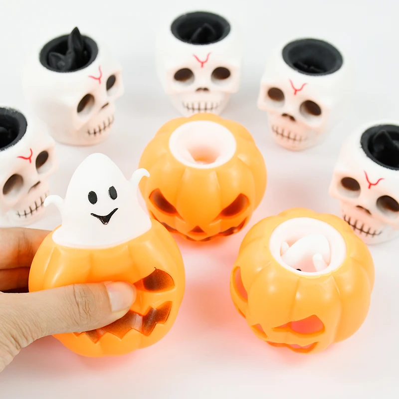 1pc Funny Halloween Pumpkin Ghost Squeeze Toys Kids Halloween Gift Pop Up Skull Head Bat Stress Relief Fidget Toy Birthday Party