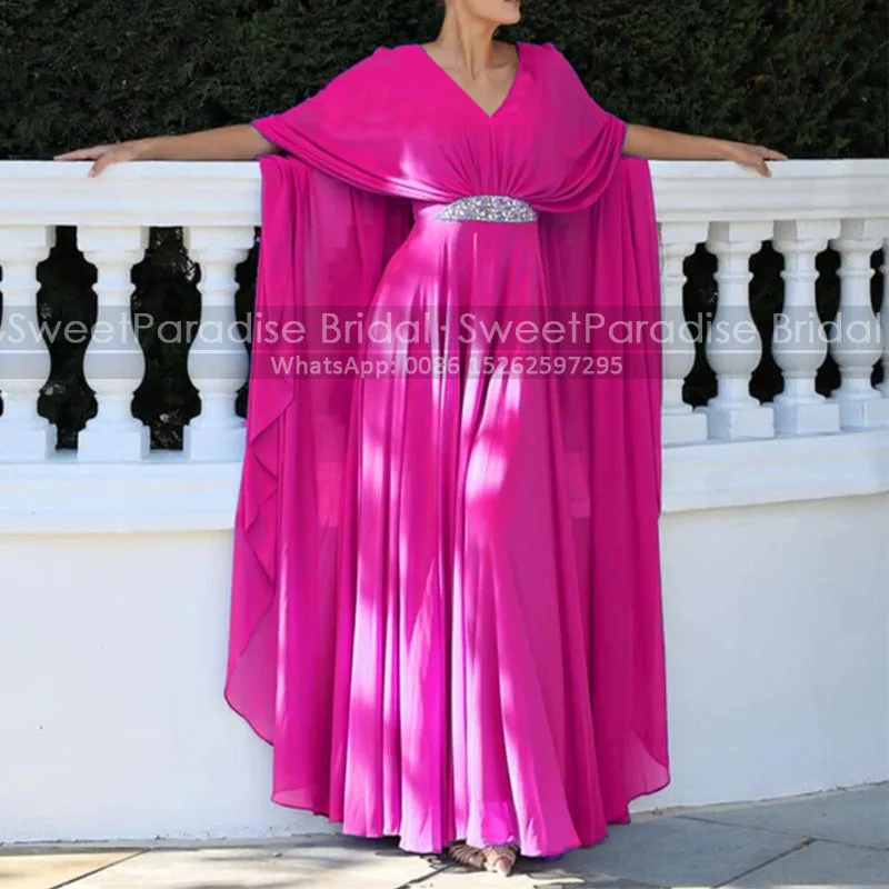 A Line Long Cloak Mother of the Bride Dresses Customized Beaded Sequins V Neck Hot Pink Chiffon Evening Dress Party For Women