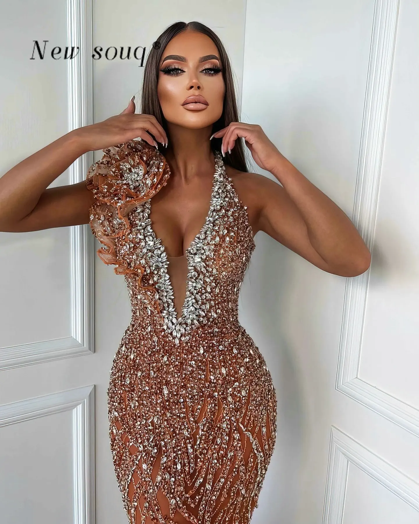 Orange Sexy Halter Deep V Neck Mermaid Evening Dresses Crystals Long Sequins Prom Gowns Customize Wedding Party Vestidos