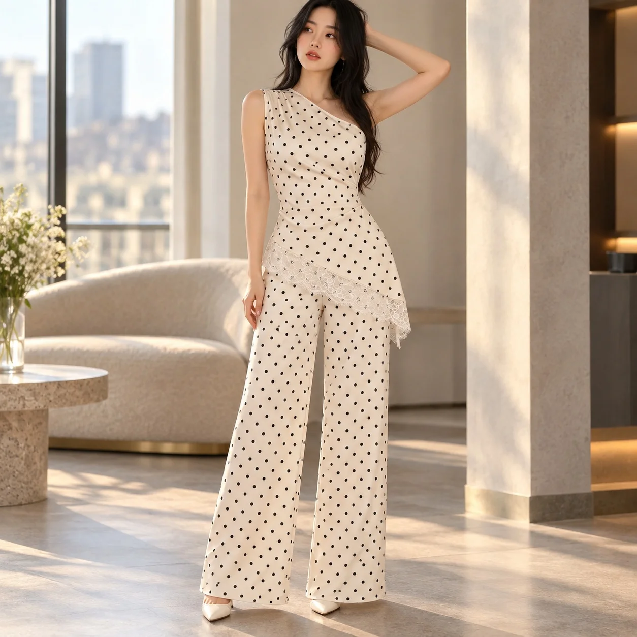 Patchwork Top Polka Dot Slim Fit Elegant Sleeveless Top with Long Pants Set Elegant and Graceful Commuter Chic Women Sets