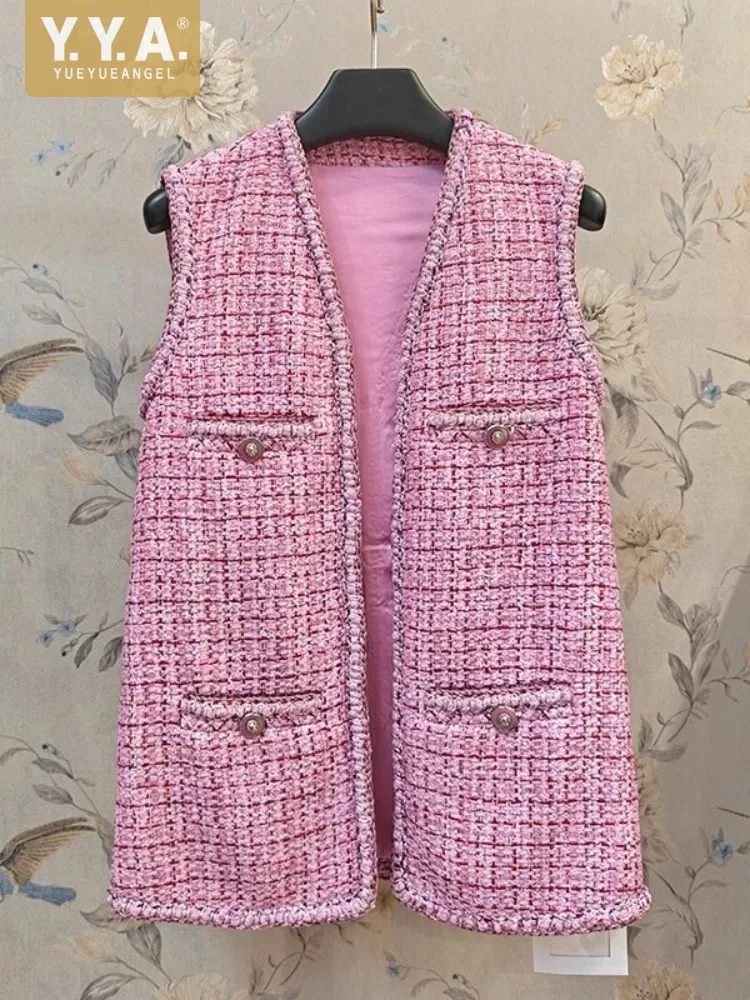 New Luxury Fashion Tweed Vest Office Ladies Spring Summer V-Neck Weave Vintage Sleeveless Jacket Women High Quality Waistcoat