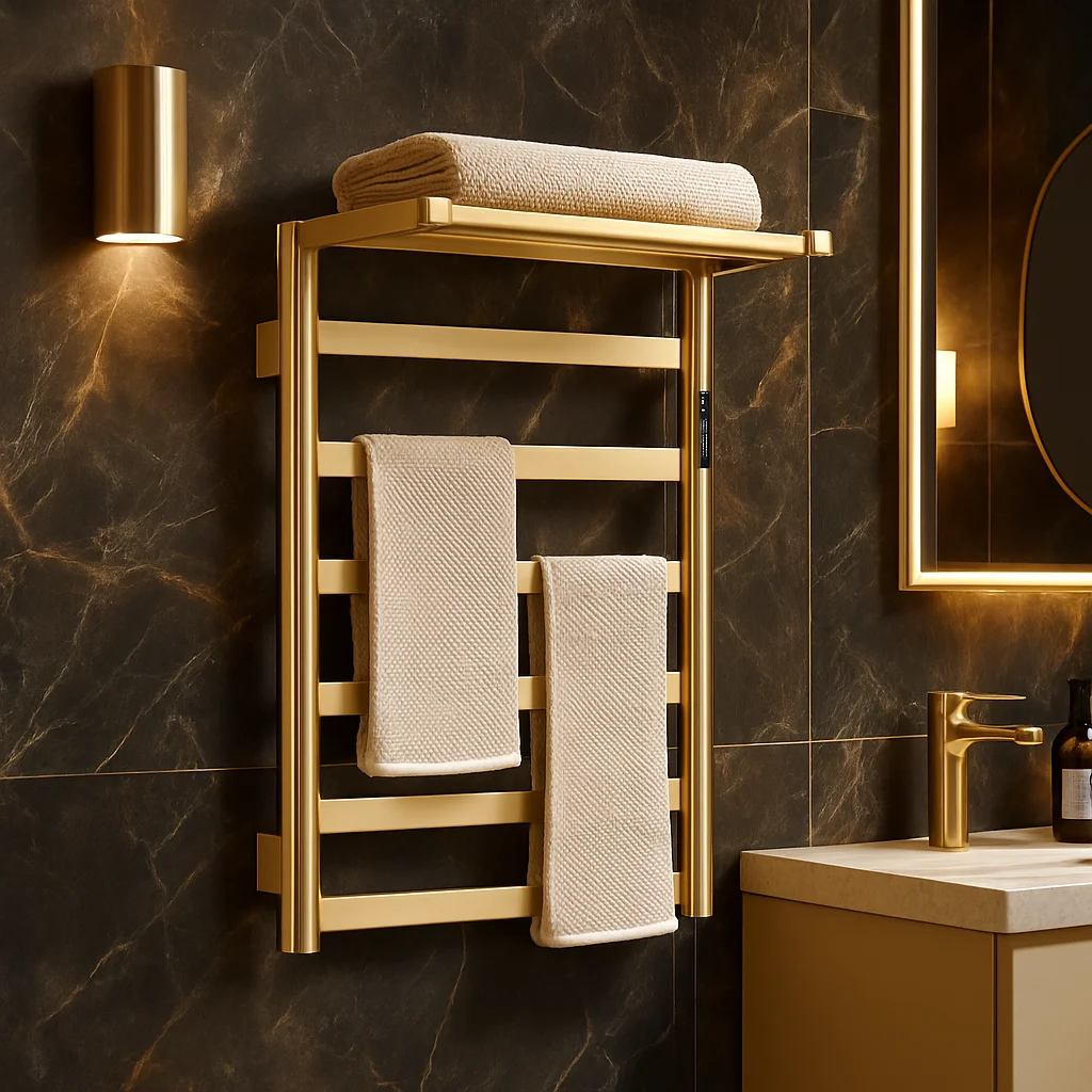 

Luxury Modern Bathroom Foldable Rectangle Radiator Timer Wall Mounted Massage Stainless Steel Heated Towel Warmer Gold Stand