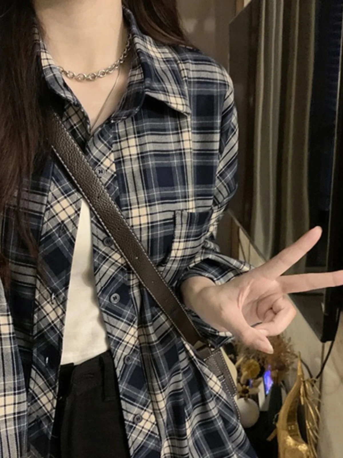 Retro American Plaid irt Jaet Women's Loose Casual Versatile Long Sve  Collar Top for Autumn New Arrival