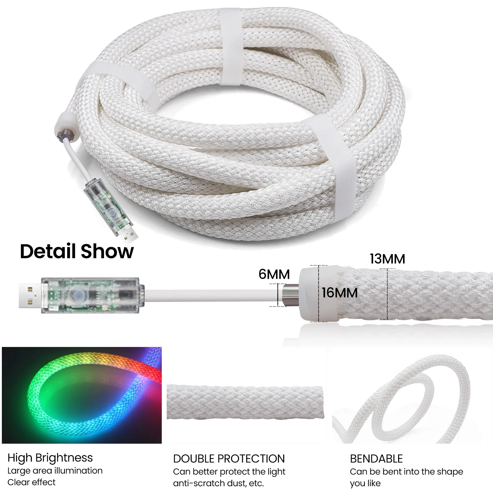 LED Neon Light Strip 360 ° Circular Luminous Light Strip 5V RGB IC IP67 Waterproof Flexible Silicone Mesh Woven Light