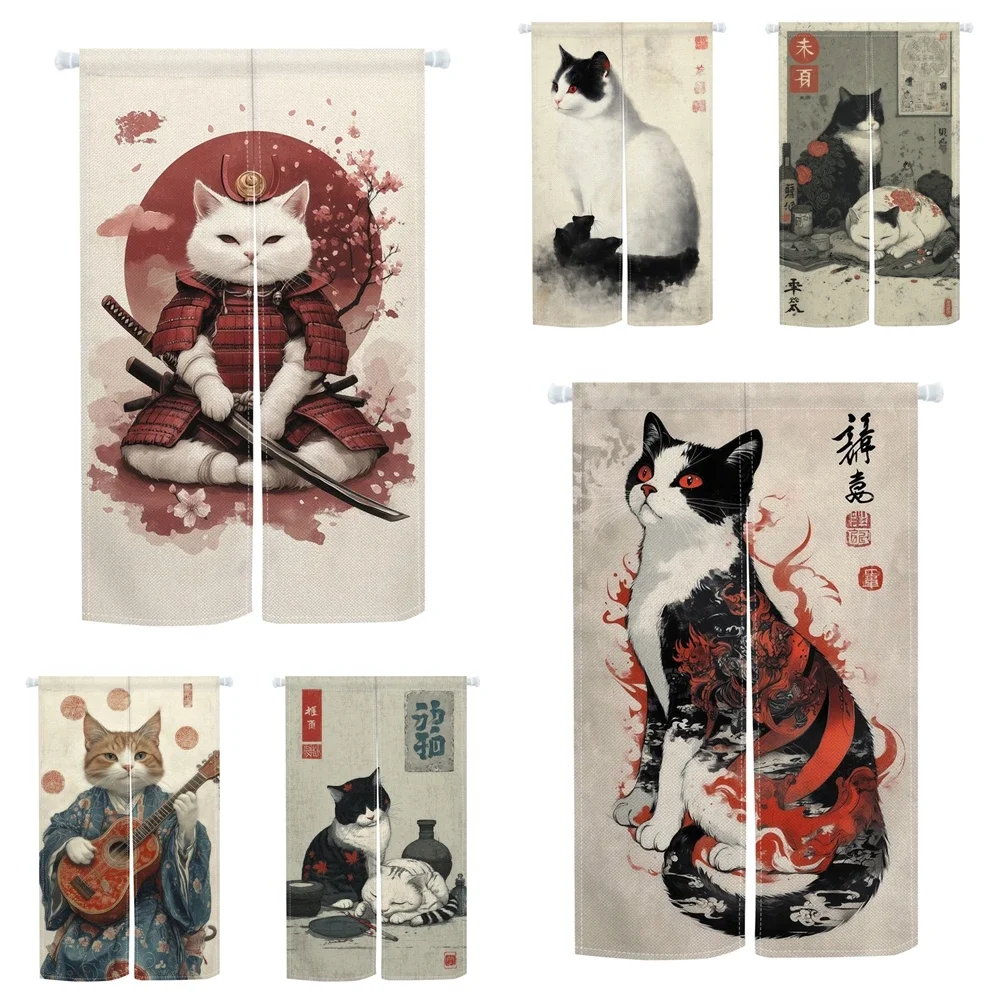Japanese Style Cat Door Curtain Samurai Cat Bedroom Living Room Kitchen Privacy Screen With Ink Painting Split Half Curtains