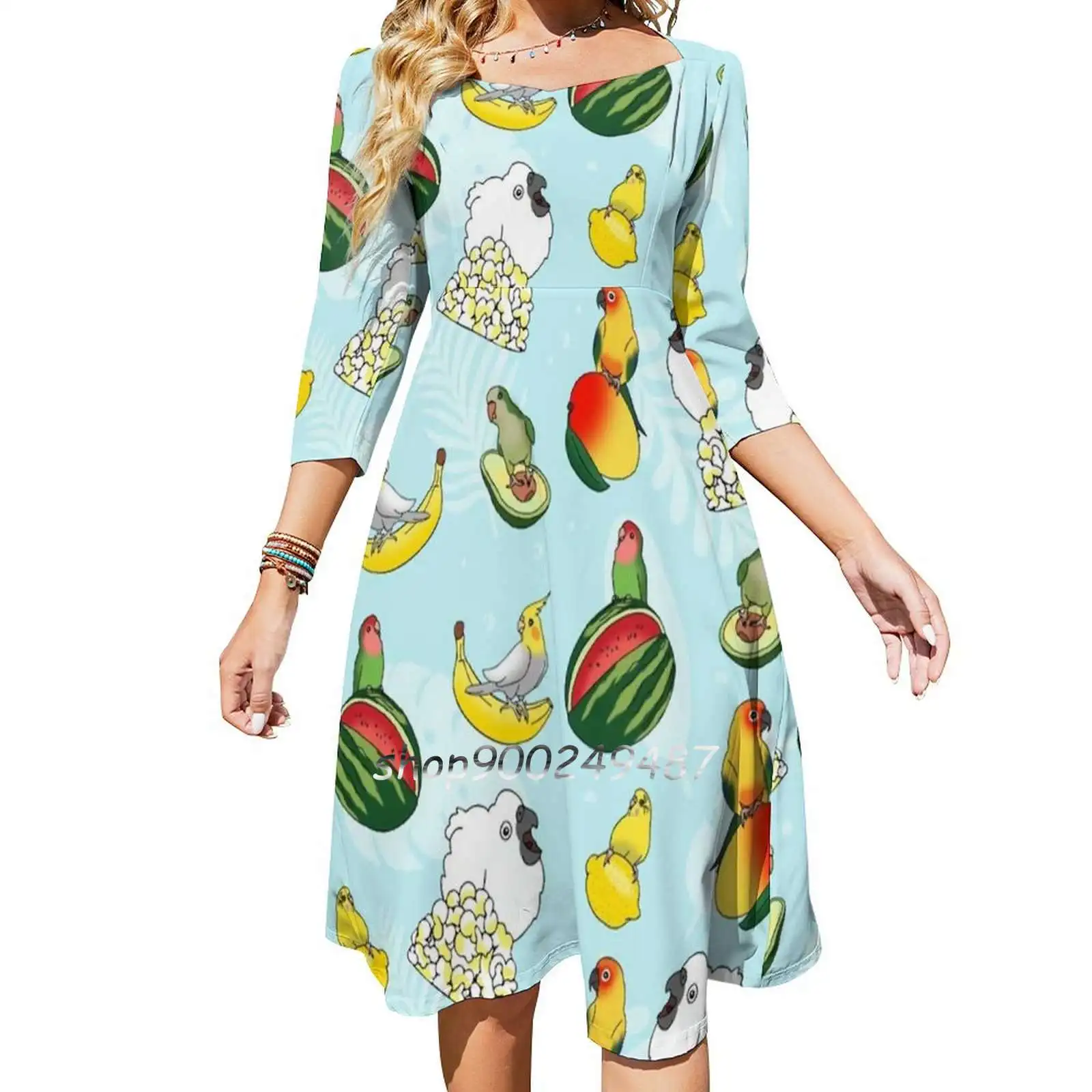 Fruit Birbs Pattern Square Neck Dress New Plus Size Elegant Women Waist Tight Dress Sun Conure Monk Parakeet Parrot Avocado