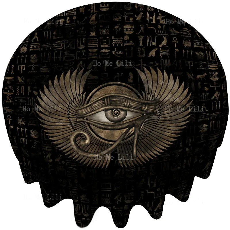 The Eyes Of The Ancient Egyptian Horus On A Black Background Are Secretly Sealed Round Tablecloth Decorated The Kitchen