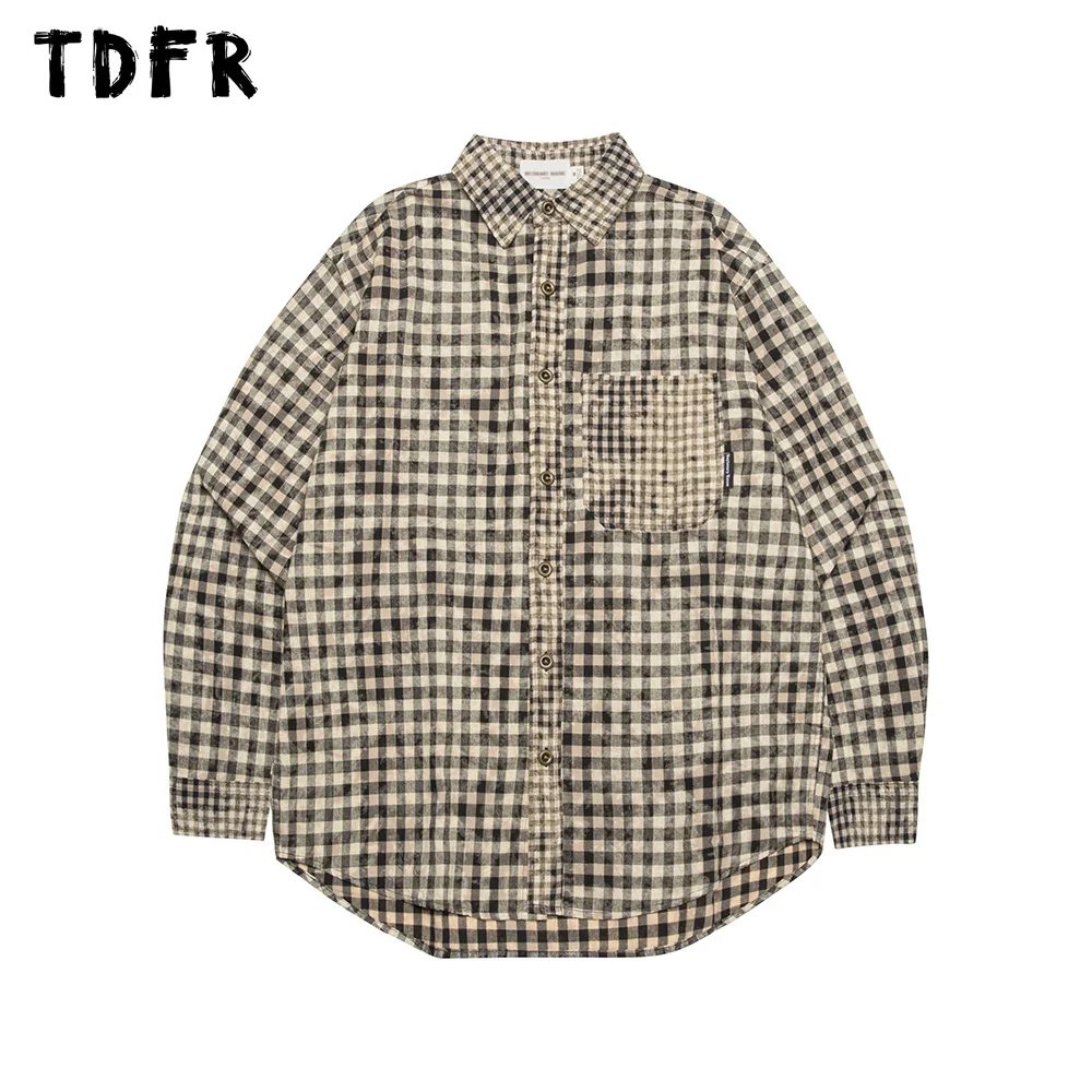 

Pocket Plaid Long Sleeve Shirts Mens Retro Casual Loose Lapel Single Breasted Curved Hem Shirts Men